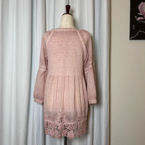 Soft Surroundings Smocked Lace Hem Peasant Blouse Pink Cotton Top Small - Picture 3 of 12